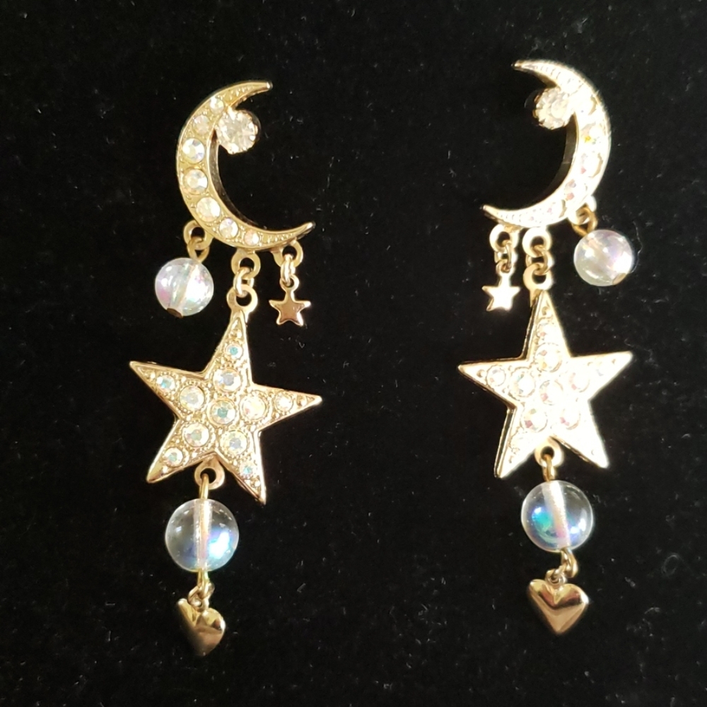 Moon, Stars and Heart Dangle Earrings